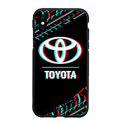 Чехол iPhone XS Max матовый Значок Toyota в стиле glitch на темном фоне