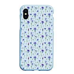 Чехол iPhone XS Max матовый Синие и фиолетовые цветы на голубой клетке
