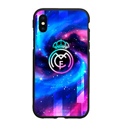 Чехол iPhone XS Max матовый Real Madrid неоновый космос, цвет: 3D-черный