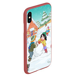Чехол iPhone XS Max матовый Новогодние каникулы - дети лепят снеговика, цвет: 3D-красный — фото 2