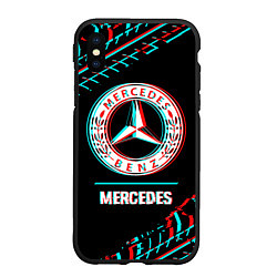 Чехол iPhone XS Max матовый Значок Mercedes в стиле glitch на темном фоне