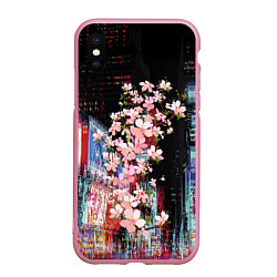Чехол iPhone XS Max матовый Ветка сакуры на фоне ночного Токио - glitch