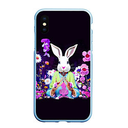 Чехол iPhone XS Max матовый Кролик в цветах на черном фоне, цвет: 3D-голубой