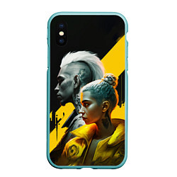 Чехол iPhone XS Max матовый Девушка и парень в стиле киберпанк, цвет: 3D-мятный