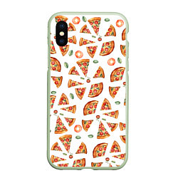 Чехол iPhone XS Max матовый Кусочки пиццы - паттерн на белом, цвет: 3D-салатовый