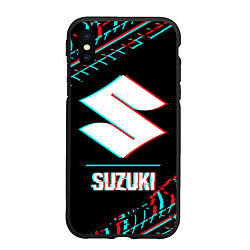 Чехол iPhone XS Max матовый Значок Suzuki в стиле glitch на темном фоне, цвет: 3D-черный