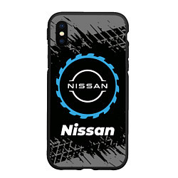 Чехол iPhone XS Max матовый Nissan в стиле Top Gear со следами шин на фоне