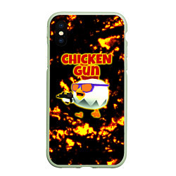 Чехол iPhone XS Max матовый Chicken Gun на фоне огня, цвет: 3D-салатовый