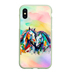 Чехол iPhone XS Max матовый Две разноцветные лошади, цвет: 3D-салатовый