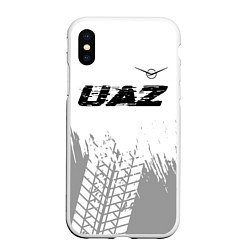 Чехол iPhone XS Max матовый UAZ speed на светлом фоне со следами шин: символ с, цвет: 3D-белый