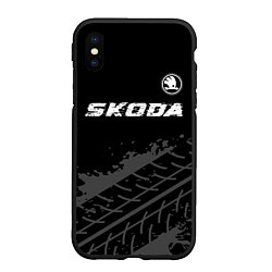 Чехол iPhone XS Max матовый Skoda speed на темном фоне со следами шин: символ, цвет: 3D-черный