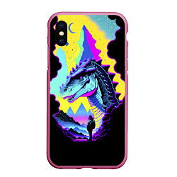Чехол iPhone XS Max матовый Человек и динозавр - неоновое свечение, цвет: 3D-малиновый