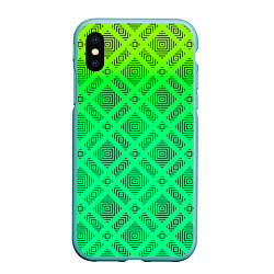 Чехол iPhone XS Max матовый Желто-зеленый градиентный фон с геометрическим узо, цвет: 3D-мятный