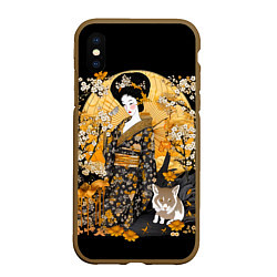 Чехол iPhone XS Max матовый Японская гейша с кошкой, цвет: 3D-коричневый