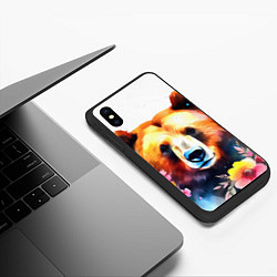 Чехол iPhone XS Max матовый Морда медведя гризли с цветами акварелью, цвет: 3D-черный — фото 2