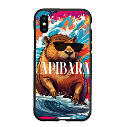 Чехол iPhone XS Max матовый Капибара в очках на красочных волнах