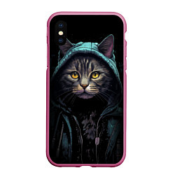 Чехол iPhone XS Max матовый Кот в капюшоне стиль киберпанк, цвет: 3D-малиновый