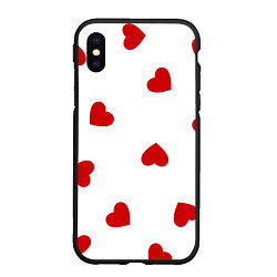 Чехол iPhone XS Max матовый Красные сердечки на белом, цвет: 3D-черный