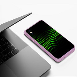 Чехол iPhone XS Max матовый Зеленые абстрактные волны, цвет: 3D-сиреневый — фото 2