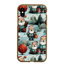 Чехол iPhone XS Max матовый Рождественский узор с Санта Клаусами, цвет: 3D-коричневый