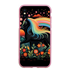 Чехол iPhone XS Max матовый Лошадка с радужной гривой в стиле фолк-арт, цвет: 3D-розовый