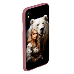 Чехол iPhone XS Max матовый Славянка с большим белым медведем, цвет: 3D-малиновый — фото 2