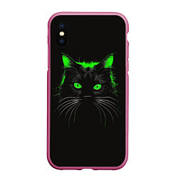 Чехол iPhone XS Max матовый Черный кот в зеленом свечении, цвет: 3D-малиновый