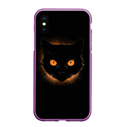 Чехол iPhone XS Max матовый Портрет черного кота в оранжевом свечении, цвет: 3D-фиолетовый