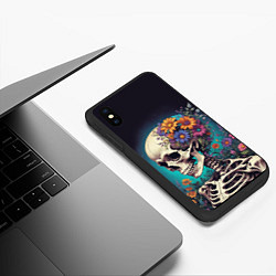 Чехол iPhone XS Max матовый Скелет с яркими цветами, цвет: 3D-черный — фото 2