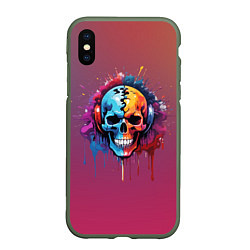 Чехол iPhone XS Max матовый Череп Dj в наушниках и брызги краски, цвет: 3D-темно-зеленый