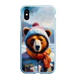 Чехол iPhone XS Max матовый Бурый медведь в зимней одежде, цвет: 3D-голубой