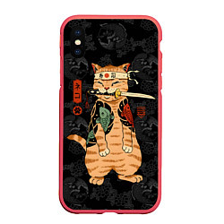 Чехол iPhone XS Max матовый Кот самурай якудза с карпами