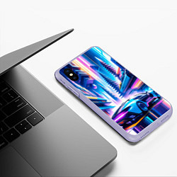 Чехол iPhone XS Max матовый Киберпанк - спорткар в неоновом городе, цвет: 3D-светло-сиреневый — фото 2