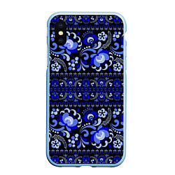 Чехол iPhone XS Max матовый Новогодняя гжельская роспись цветами на чёрном фон, цвет: 3D-голубой