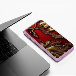 Чехол iPhone XS Max матовый Золотые объемные листья на красном фоне, цвет: 3D-сиреневый — фото 2