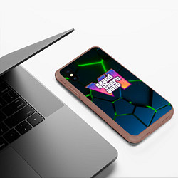 Чехол iPhone XS Max матовый GTA 6 лого на фоне разлома зеленых плит, цвет: 3D-коричневый — фото 2