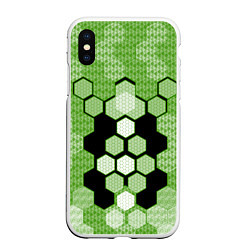 Чехол iPhone XS Max матовый Зелёная кибер броня hexagons, цвет: 3D-белый