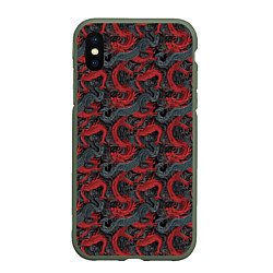 Чехол iPhone XS Max матовый Красные драконы на сером фоне