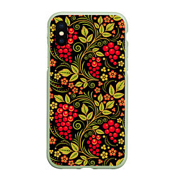 Чехол iPhone XS Max матовый Хохломская роспись красные ягоды, цвет: 3D-салатовый