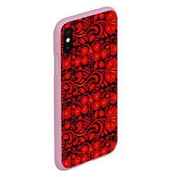 Чехол iPhone XS Max матовый Хохломская роспись красные цветы и ягоды на чёрном, цвет: 3D-розовый — фото 2