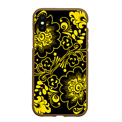 Чехол iPhone XS Max матовый Хохломская роспись золотые цветы на чёроном фоне, цвет: 3D-коричневый