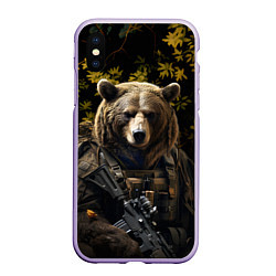 Чехол iPhone XS Max матовый Медведь солдат в ночном лесу, цвет: 3D-светло-сиреневый