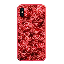 Чехол iPhone XS Max матовый Неоновые сердечки красные
