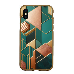 Чехол iPhone XS Max матовый Арт деко зеленый и золотой узор из геометрических, цвет: 3D-коричневый