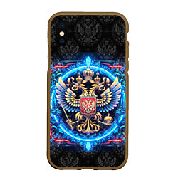 Чехол iPhone XS Max матовый Яркий неоновый герб России, цвет: 3D-коричневый