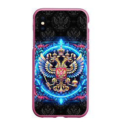 Чехол iPhone XS Max матовый Яркий неоновый герб России, цвет: 3D-малиновый