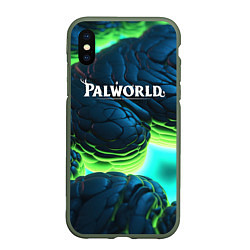 Чехол iPhone XS Max матовый Palworld логотип на ярких синих и зеленых неоновых