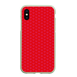 Чехол iPhone XS Max матовый Красные сердечки на красном фоне, цвет: 3D-салатовый