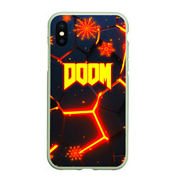 Чехол iPhone XS Max матовый Doom плиты лого в огне, цвет: 3D-салатовый
