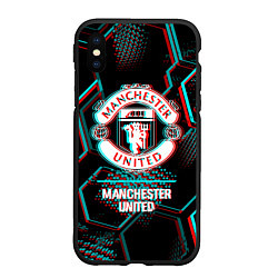 Чехол iPhone XS Max матовый Manchester United FC в стиле glitch на темном фоне